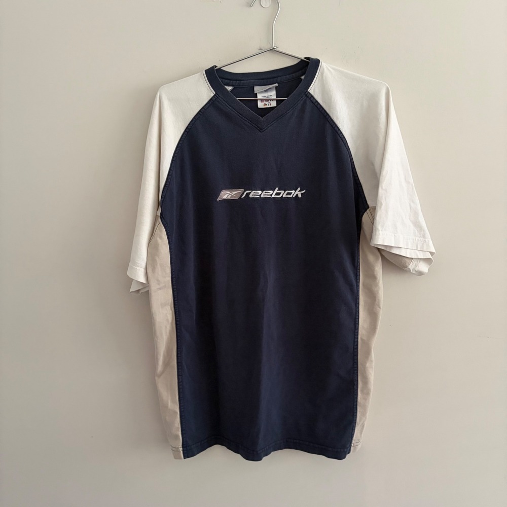 Reebok Mens Vintage Colorblock Raglan V-Neck T-Shirt Blue Tan Large